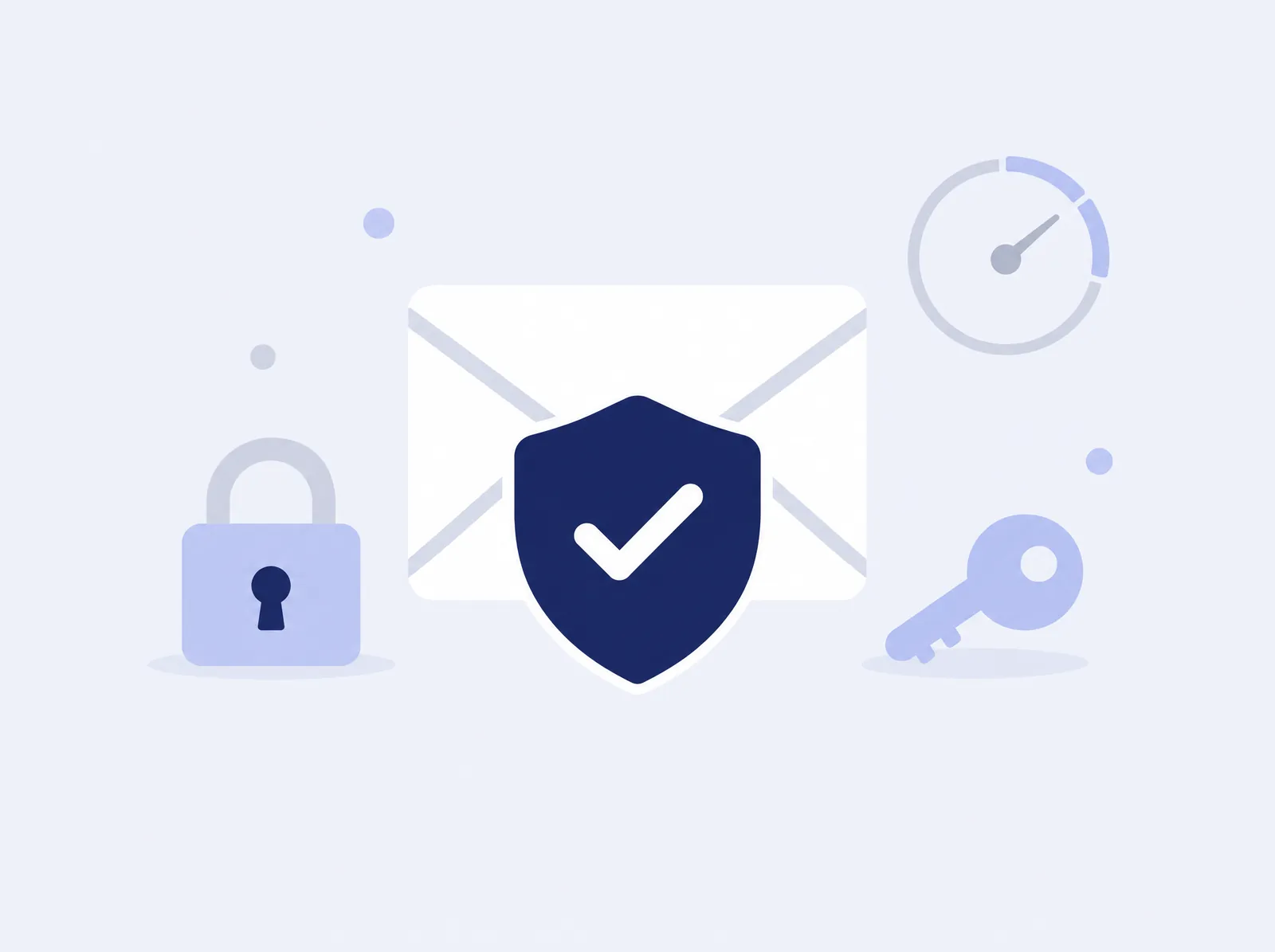 Un correo protegido por un escudo con una marca de verificación, junto a un candado y una llave.