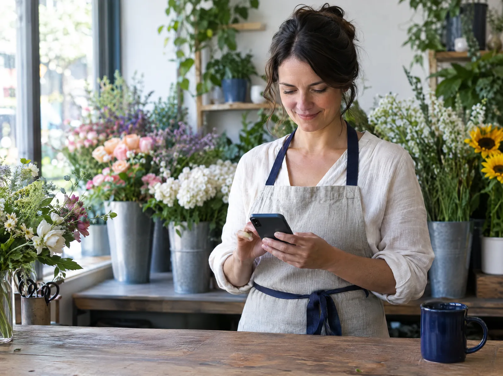 Une fleuriste répond depuis son téléphone à l’e-mail d’une cliente, dans sa boutique.